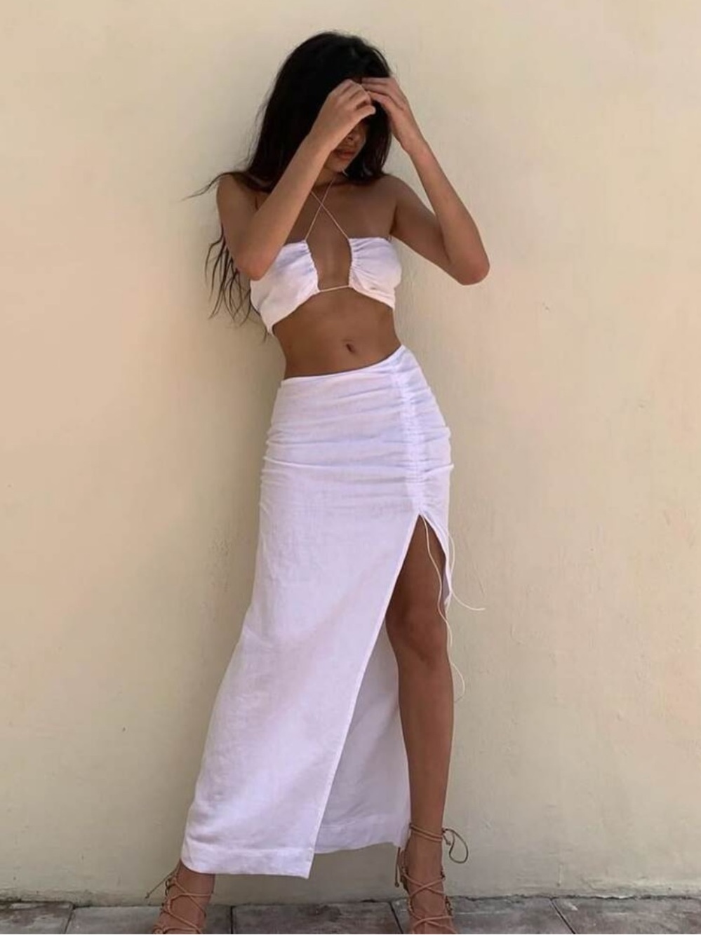Natalie Rolt linen BELLINI CROP TOP and SKIRT in WHITE, Sz 2/M, new without tags